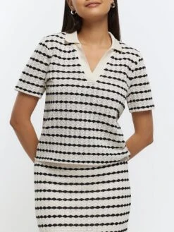 River Island Striped Crochet Polo Top