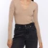 River Island Rib V-Neck Long Sleeve Top - Brown -RIVE IS Clothing Shop 112I5 SQ1 0000000143 BROWN MDf