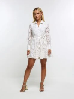River Island Petite Lace Beaded Mini Shirt Dress -RIVE IS Clothing Shop 112RV SQ3 0000000067 CREAM MDo