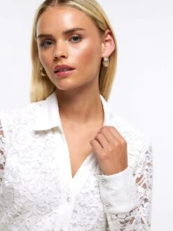 River Island Petite Lace Beaded Mini Shirt Dress -RIVE IS Clothing Shop 112RV SQ4 0000000067 CREAM MDd