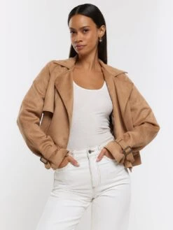 River Island Faux Suede Crop Trench Jacket