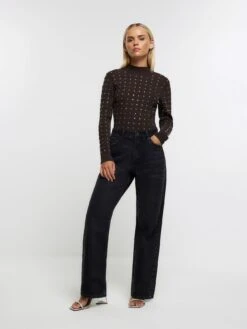 River Island Petite Diamante Long Sleeve Top - Brown -RIVE IS Clothing Shop 11339 SQ3 0000000143 BROWN MDo