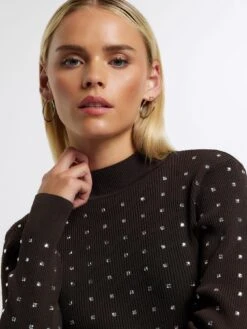 River Island Petite Diamante Long Sleeve Top - Brown -RIVE IS Clothing Shop 11339 SQ4 0000000143 BROWN MDd
