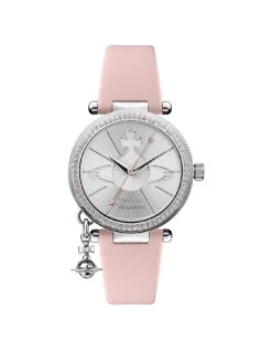Vivienne Westwood Orb Pastelle Silver Crystal Set Dial With Orb Charm Pink Leather Strap Ladies Watch