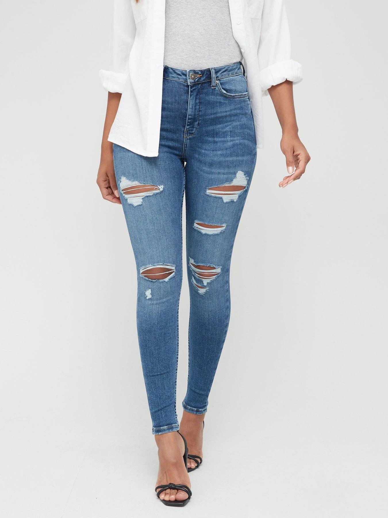 V By Very Short Ella High Waist Open Rips Skinny Jean - Mid Wash 3 V By Very Short Ella High Waist Open Rips Skinny Jean - Mid Wash