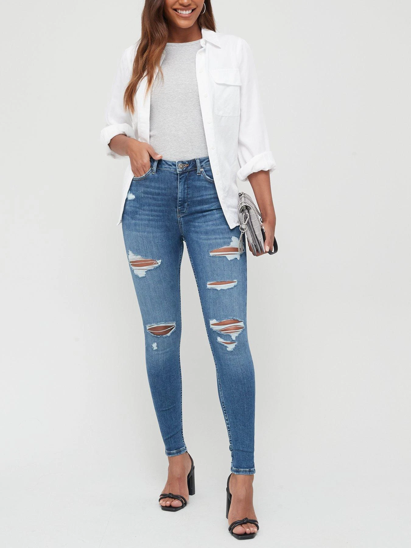 V By Very Short Ella High Waist Open Rips Skinny Jean - Mid Wash 5 V By Very Short Ella High Waist Open Rips Skinny Jean - Mid Wash - Image 3