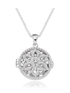Beaverbrooks Silver Cubic Zirconia Flower Locket Pendant