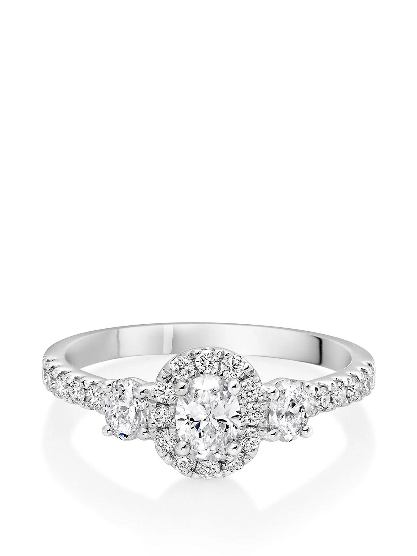 Beaverbrooks Platinum Diamond Oval Cut Halo Three Stone Engagement Ring 4 Beaverbrooks Platinum Diamond Oval Cut Halo Three Stone Engagement Ring - Image 2