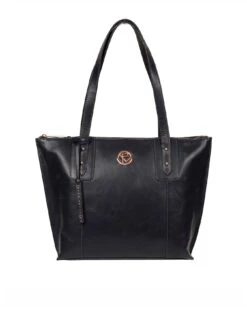 Pure Luxuries London Goya Leather Zip Top Tote Bag - Navy