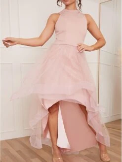Chi Chi London Petite Dip Hem High Neck Dress With Tulle Skirt - Pink -RIVE IS Clothing Shop U7MWK SQ4 0000000063 PINK MDd