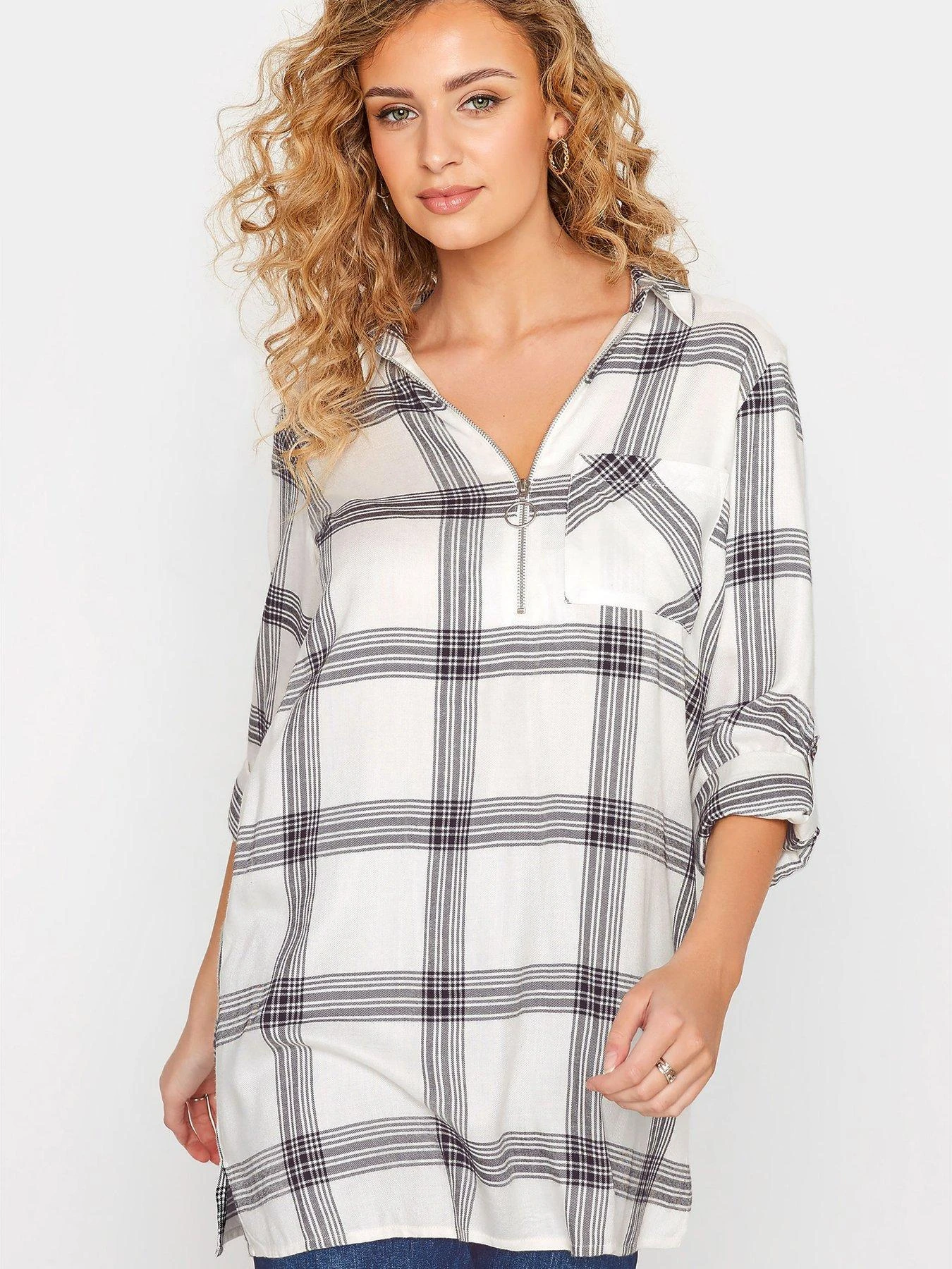 Long Tall Sally Zip Check Shirt - Ivory 3 Long Tall Sally Zip Check Shirt - Ivory