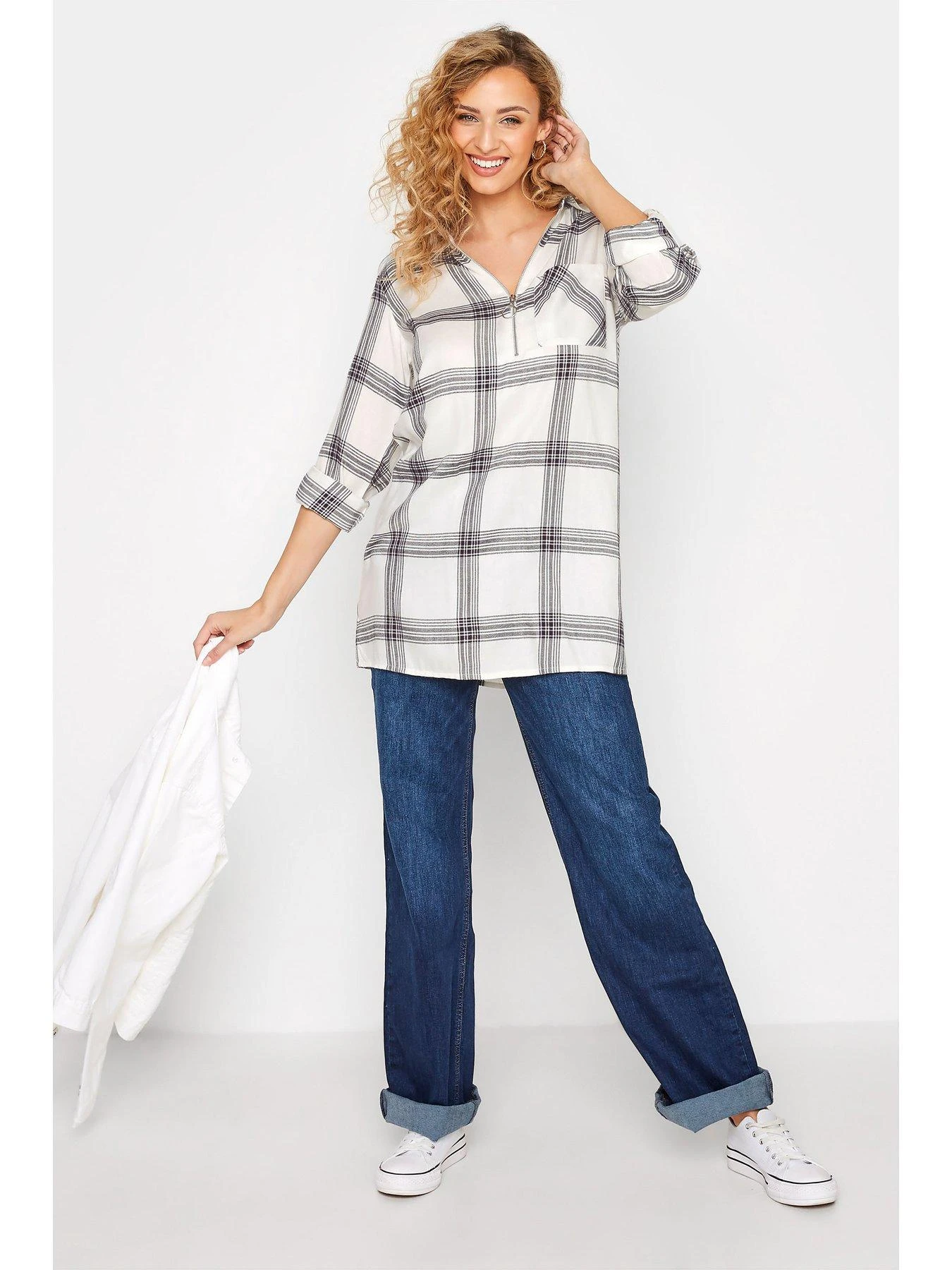 Long Tall Sally Zip Check Shirt - Ivory 5 Long Tall Sally Zip Check Shirt - Ivory - Image 3