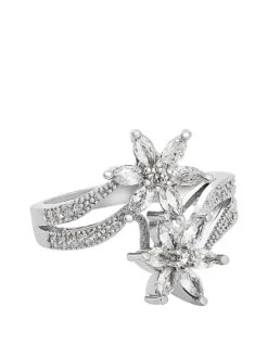 Jon Richard Rhodium Plate Double Flower Cubic Zirconia Ring 16mm