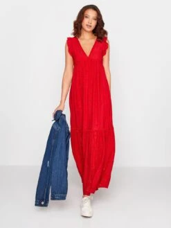 Long Tall Sally Deep V Broderie Tiered Maxi Dress Red -RIVE IS Clothing Shop V4M58 SQ3 0000000017 RED MDo