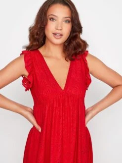 Long Tall Sally Deep V Broderie Tiered Maxi Dress Red -RIVE IS Clothing Shop V4M58 SQ4 0000000017 RED MDd