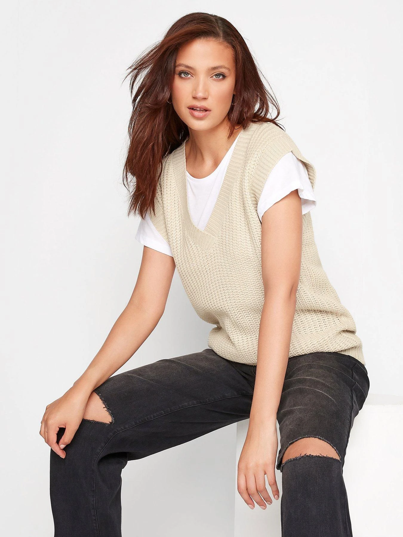 Long Tall Sally Neutral Chunky Knitted Vest 3 Long Tall Sally Neutral Chunky Knitted Vest