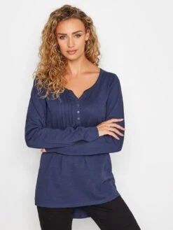 Long Tall Sally Navy Ls Pintuck Henley Tshirt