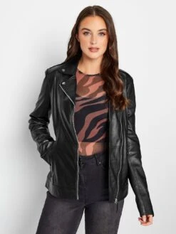 Long Tall Sally Faux Leather Biker Jacket - Black