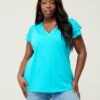 V By Very Curve V Neck Broderie Short Sleeve Top - Bright Blue -RIVE IS Clothing Shop V9DNQ SQ1 0000000197 BRIGHT BLUE MDf