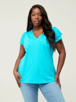V By Very Curve V Neck Broderie Short Sleeve Top - Bright Blue