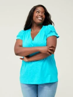 V By Very Curve V Neck Broderie Short Sleeve Top - Bright Blue -RIVE IS Clothing Shop V9DNQ SQ4 0000000197 BRIGHT BLUE MDd