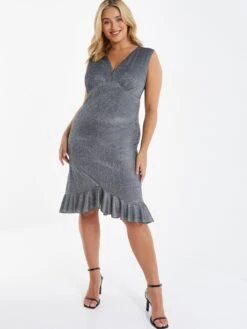 Quiz Curve Curve Curve Bodycon Frill Midi Dress - Silver
