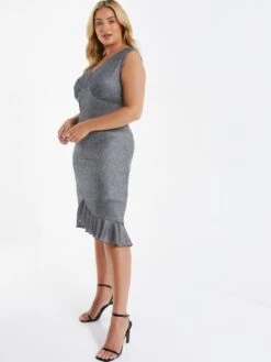 Quiz Curve Curve Curve Bodycon Frill Midi Dress - Silver -RIVE IS Clothing Shop VB8XN SQ3 0000000035 SILVER MDo