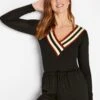 Long Tall Sally V Neck Stripe Long Sleeve Top - Black
