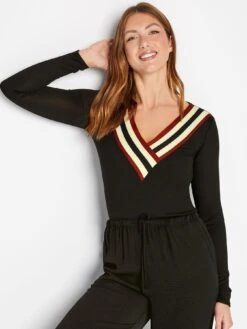 Long Tall Sally V Neck Stripe Long Sleeve Top - Black