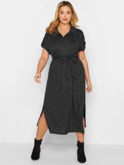 Yours 3/4 Sleeve Button Up Polo Neck Spot Dress - BlackĀ