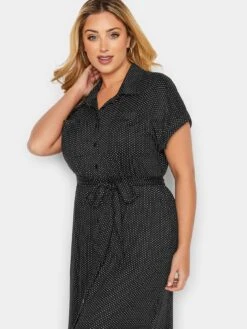 Yours 3/4 Sleeve Button Up Polo Neck Spot Dress - Black  -RIVE IS Clothing Shop VDDCP SQ4 0000000004 BLACK MDd