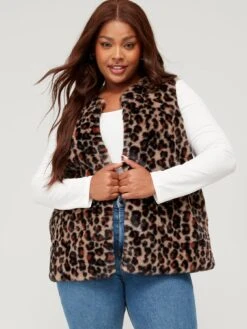 V By Very Curve Faux Fur Animal Print Gilet - Brown