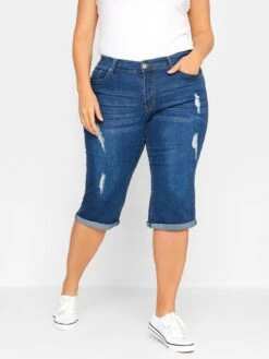 Yours Distressed Denim Jean Capri Shorts - Blue