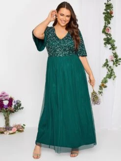 Yours Curve Luxe Embellished Angel Sleeve Maxi Dress - Green