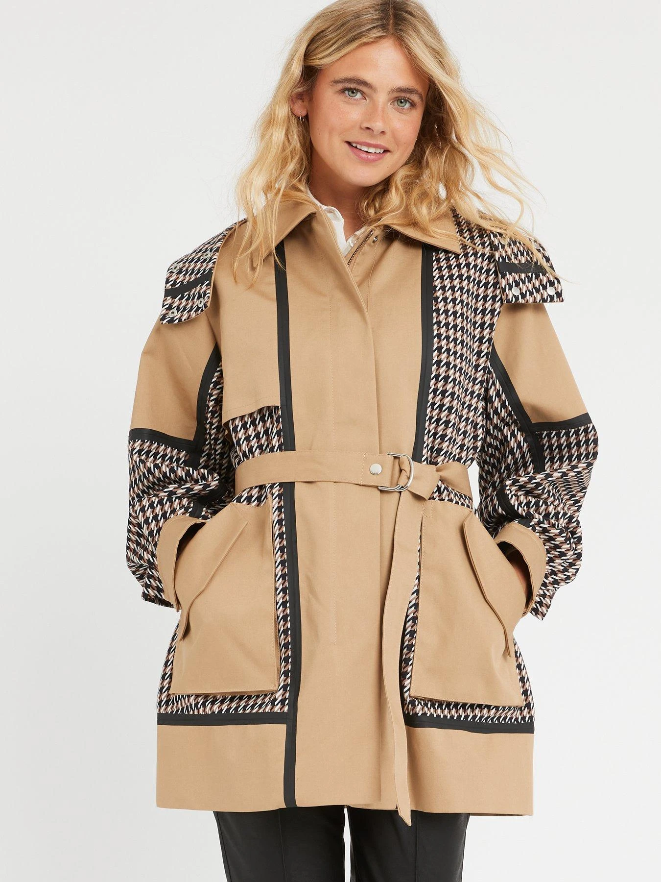BOSS Casita Premium Houndstooth Short Trench Coat - Beige 3 BOSS Casita Premium Houndstooth Short Trench Coat - Beige