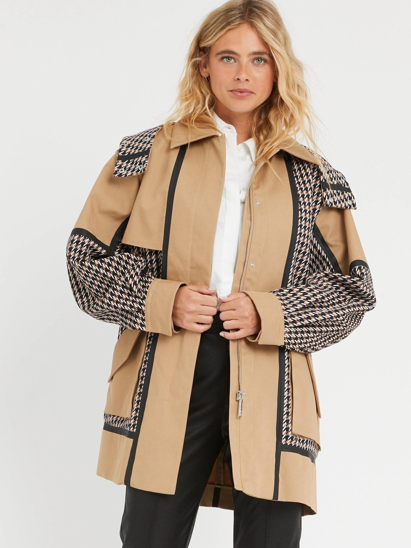 BOSS Casita Premium Houndstooth Short Trench Coat - Beige 7 BOSS Casita Premium Houndstooth Short Trench Coat - Beige - Image 5