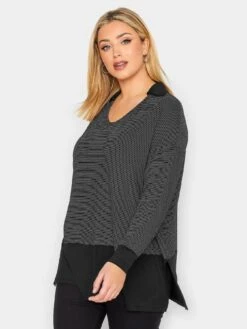 Yours Polo Neck Stripe Top - Black