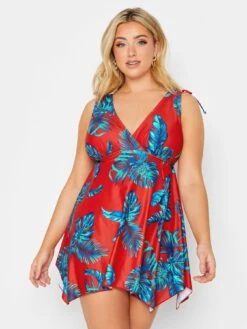 Yours Aruba Drawstring Shoulder Plunge Swimdress - Red