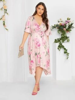Yours Floral Hankey Hem Wrap Dress - Light Pink
