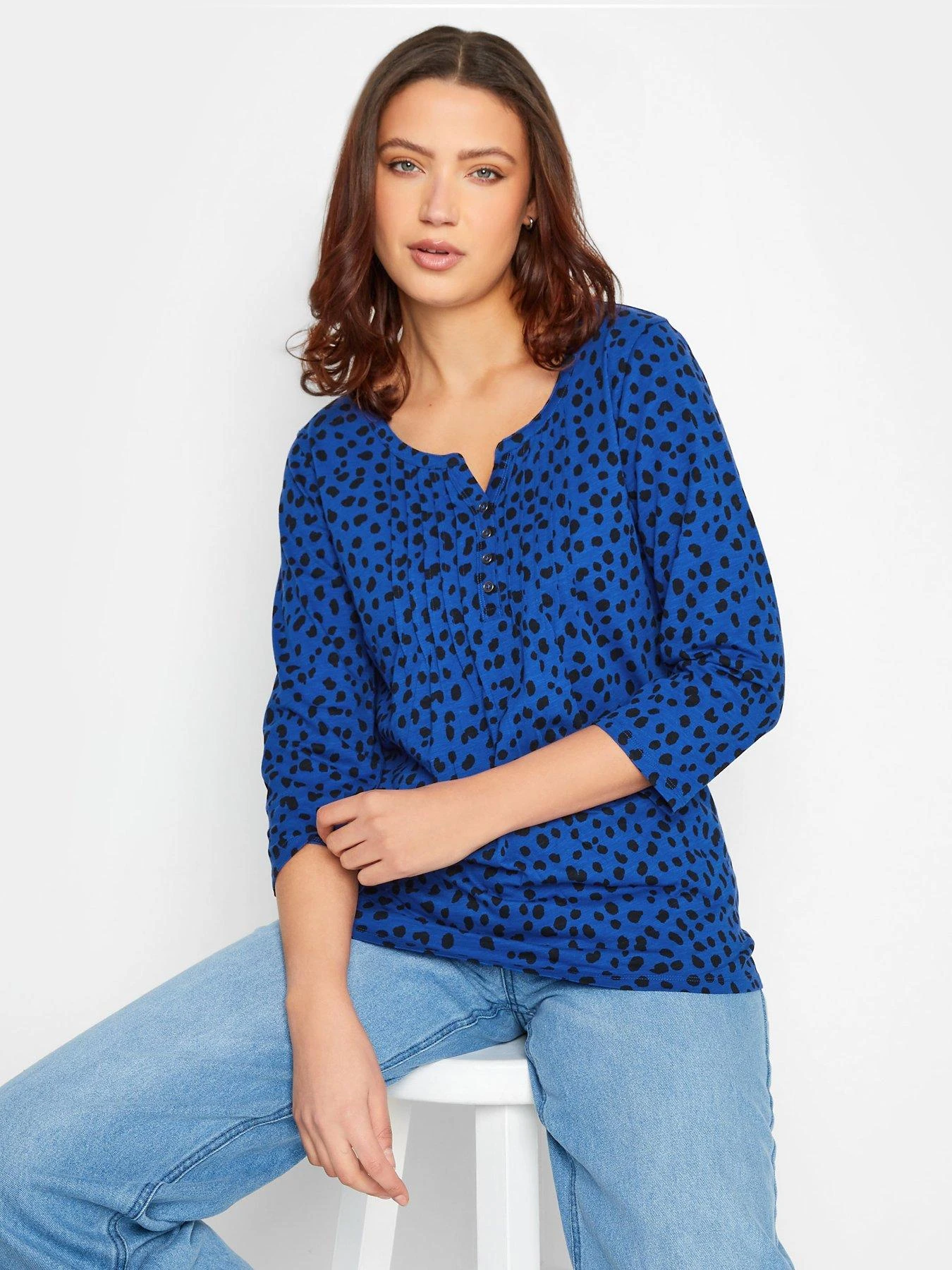 Long Tall Sally Animal Print Henley Top - Blue 6 Long Tall Sally Animal Print Henley Top - Blue - Image 4