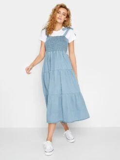 Long Tall Sally Denim Shirred Tiered Dress - Blue