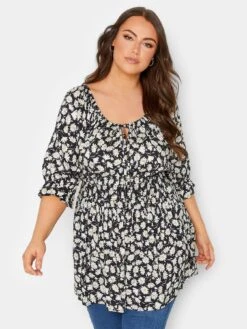 Yours Shirred Waist Gypsy Top - Lime Pop Floral