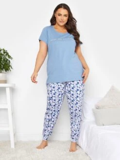 Yours Never Stop Short Sleeve Cuffed Pyjama Set - Blue