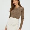 Michelle Keegan Space Dye High Neck Knitted Top - Brown