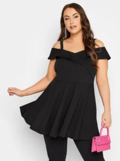 Yours Bardot Peplum Top - Black