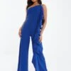 Quiz Petite One Shoulder Frill Palazzo Jumpsuit - Bright Blue