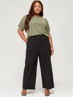V By Very Curve Scoop Neck Puff Sleeve Jersey Top - Green -RIVE IS Clothing Shop VI24I SQ3 0000000047 GREEN MDo