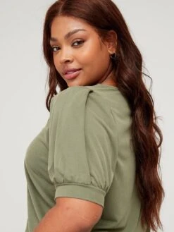 V By Very Curve Scoop Neck Puff Sleeve Jersey Top - Green -RIVE IS Clothing Shop VI24I SQ4 0000000047 GREEN MDd