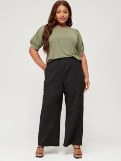 V By Very Curve Scoop Neck Puff Sleeve Jersey Top - Green -RIVE IS Clothing Shop VI24I SQ6 0000000047 GREEN MDd2