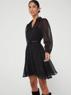 V By Very Long Sleeve Belted Mini Dress - Black